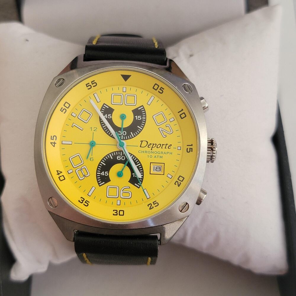 Vintage Deporte Mens Chronograph Watch Silver Yellow Dial Black Leather Quartz